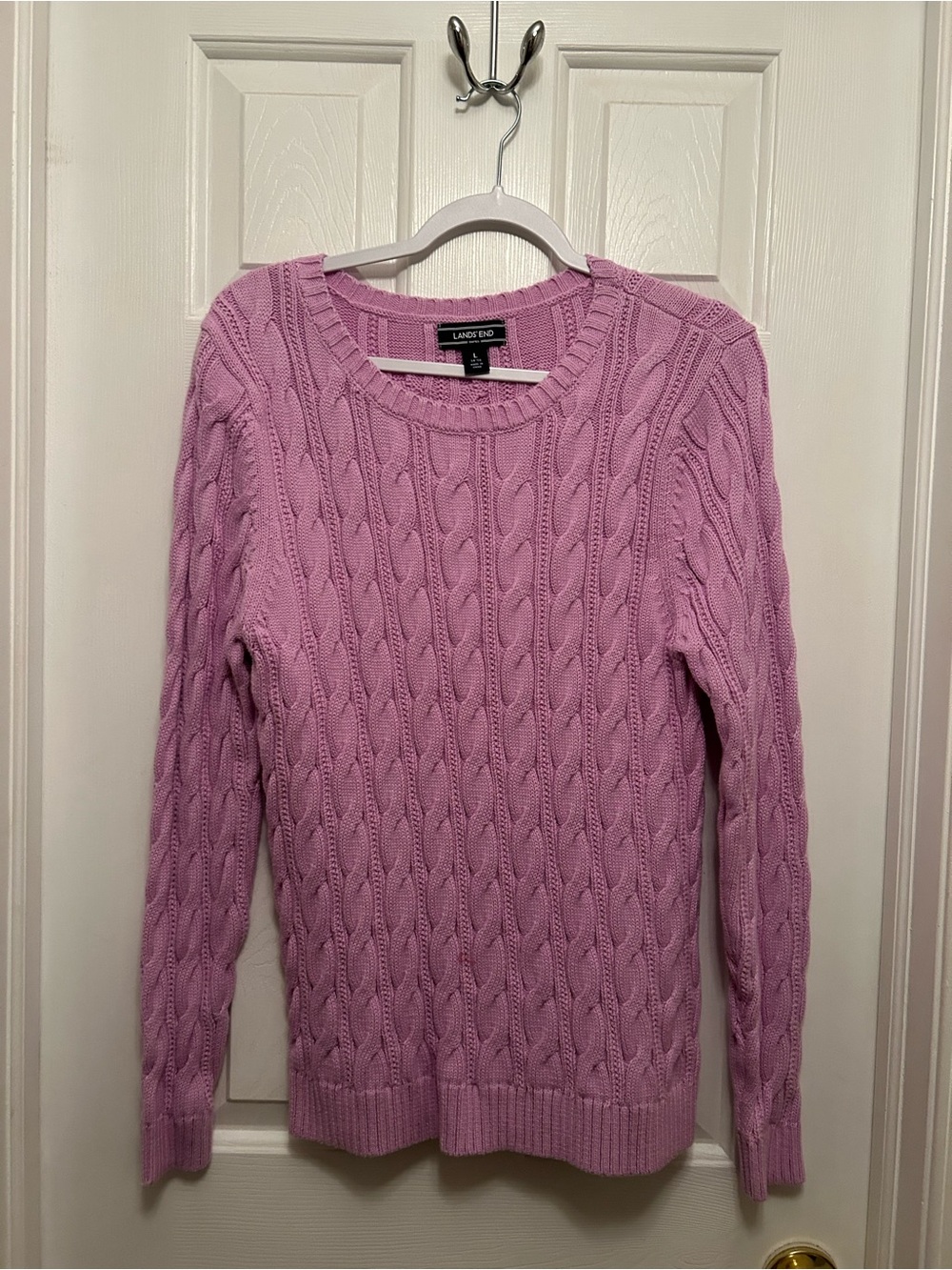 Lands' End Lavender Cable-Knit Crewneck Sweater